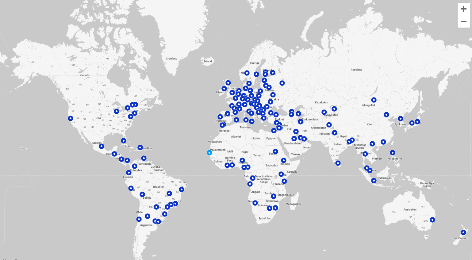 A map of the world with pins where there are networks.