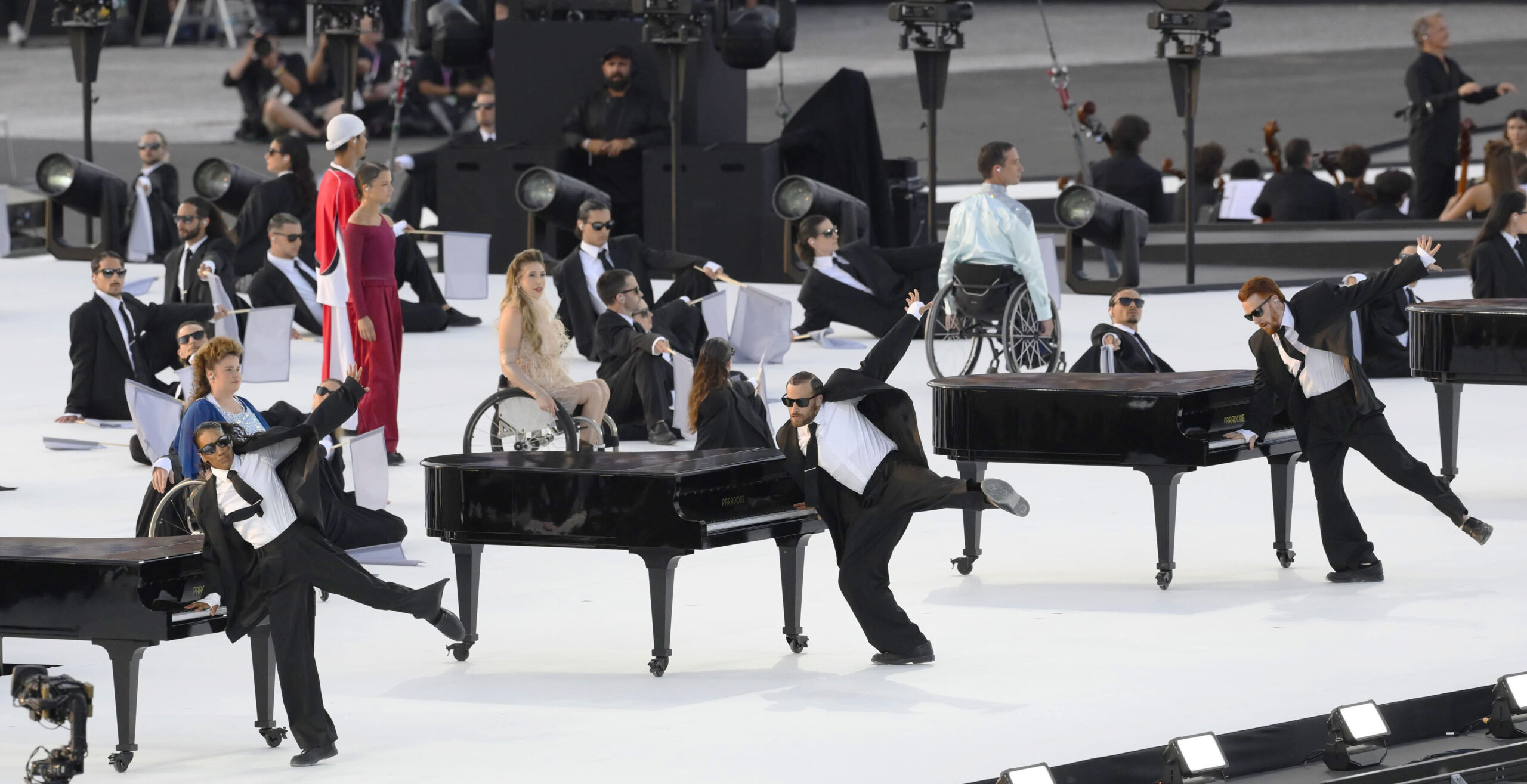 A performance with pianos, cellos and dancing at the Paralympics opening ceremony.