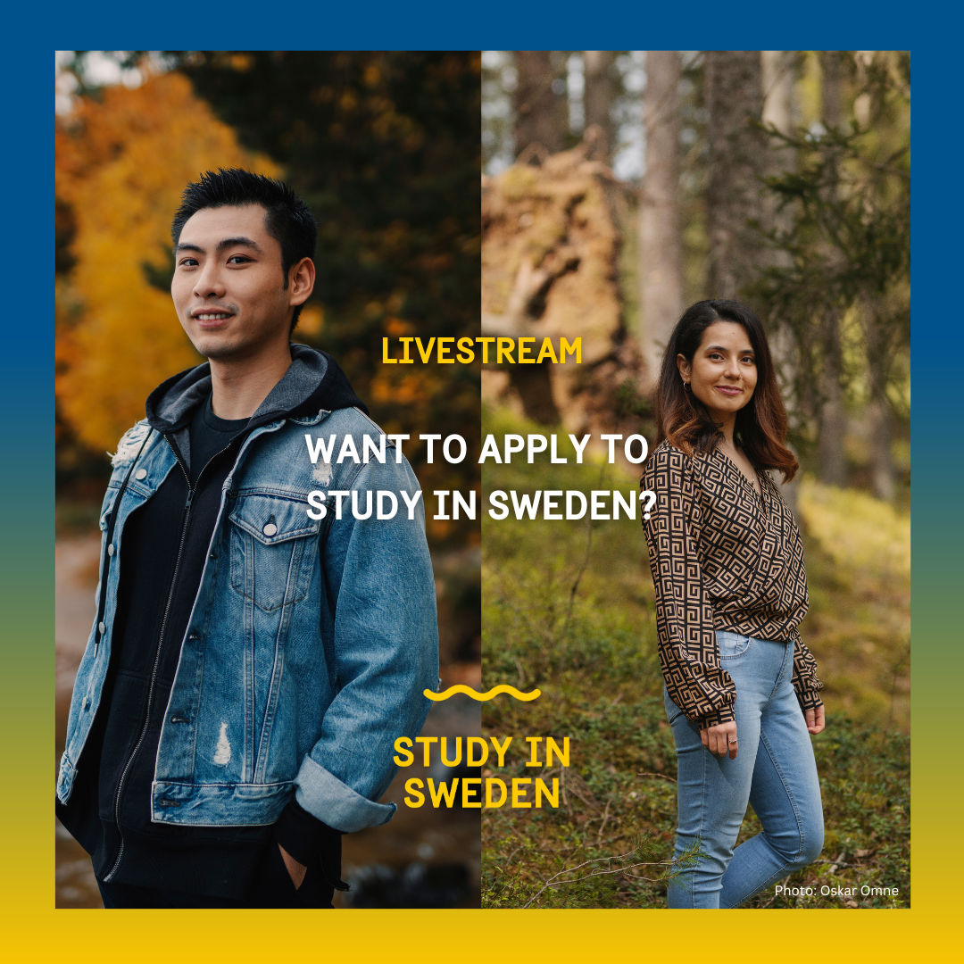 Two students in autumn and the text: Livestream. Want to apply to Study in Sweden?