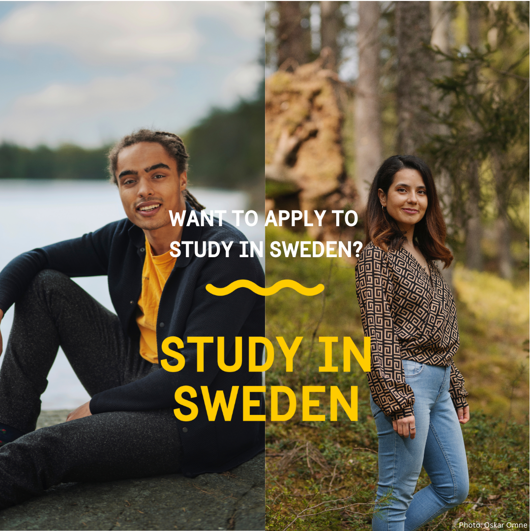 Two students outdoors and the text: Livestream. Want to apply to Study in Sweden?