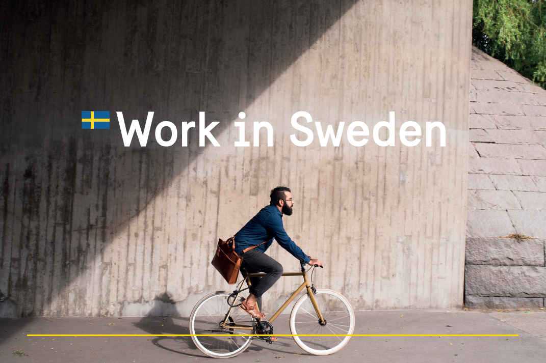 A man on a bike and the text 'Work in Sweden'.