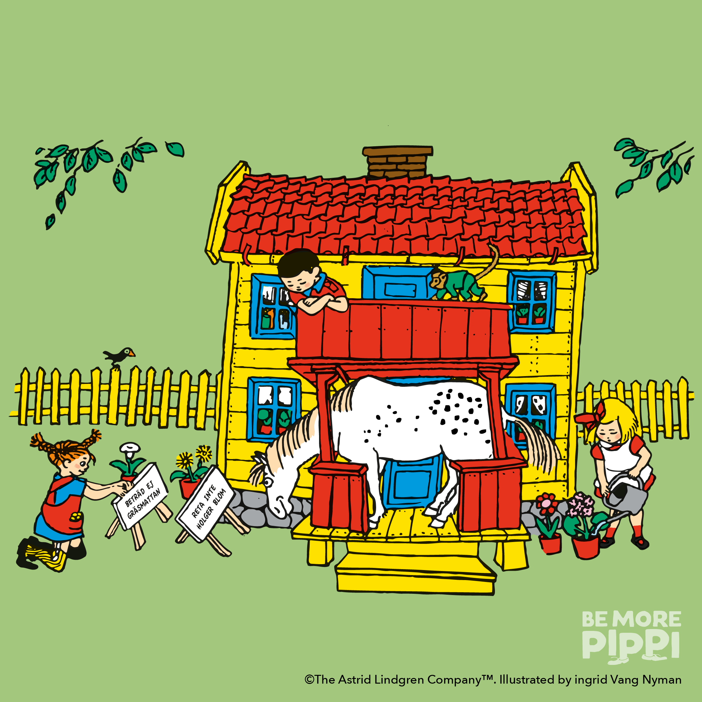 Pippi, her horse and friends at her house.